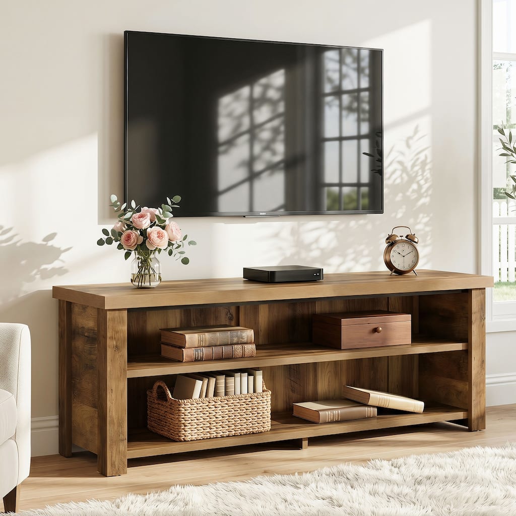 TV Stand for 55/60/65-Inch TVs, Farmhouse Entertainment Center with Storage Shelves, Brown - 13.78" D x 55.12" W x 17.72" H
