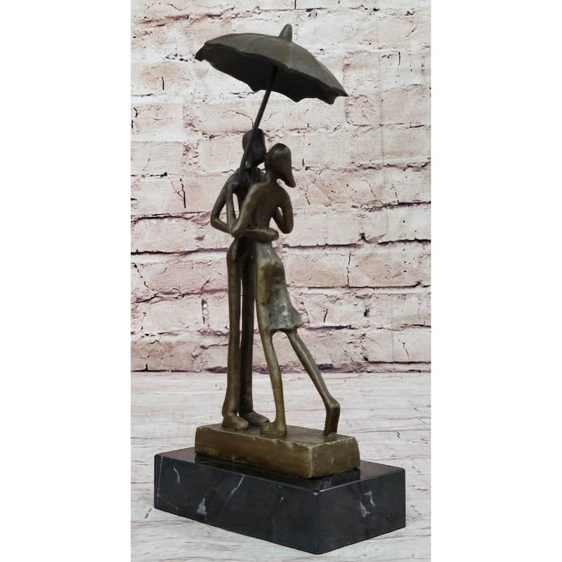 Lovers Romantic Kiss Under Umbrella Abstract Bronze Sculpture Figurine Original Art