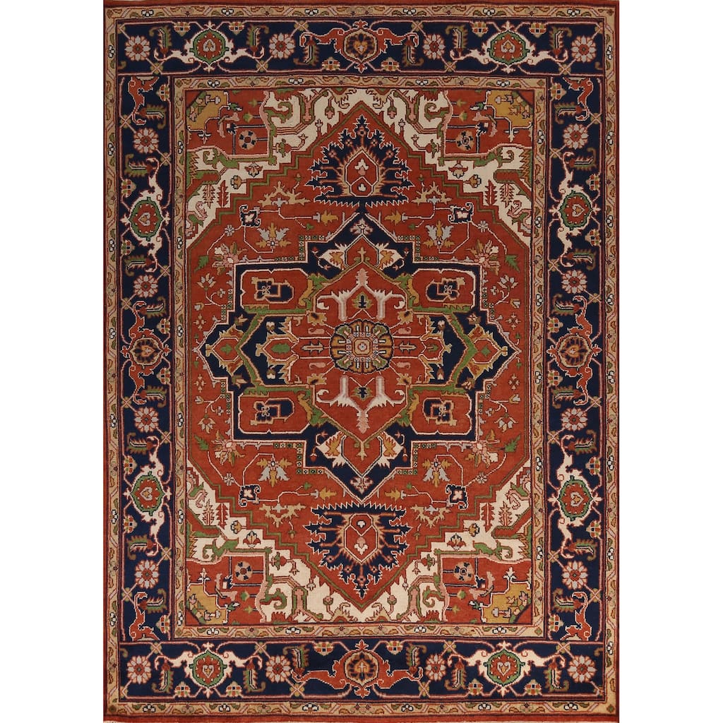 Medallion Heriz Serapi Indian Area Rug Hand-Knotted Wool Carpet - 9'0" x 12'1"