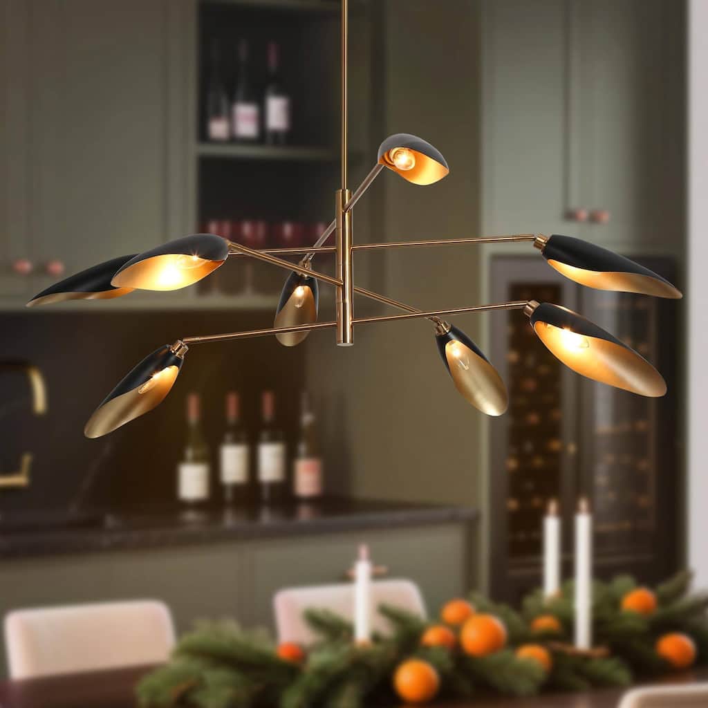 8-Light Modern Unique Large Leaf Chandelier Black Gold Light Fixture Metal Kitchen Island Lights for Dining Room