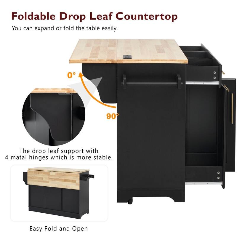 59" Rolling Kitchen Island on Wheels with Trash Can Storage Cabinet, Island Table for Kitchen with Power Outlet, Storage Rack