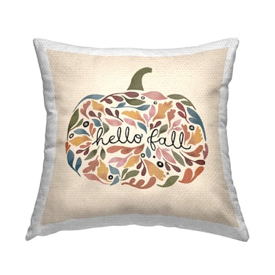 Stupell Hello Fall Mixed Leaves Pumpkin Shape Calligraphy Printed Outdoor Throw Pillow Design by Laura Konyndyk