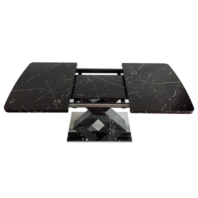 Modern Square Dining Table, Stretchable, with X-Shape Table Leg with Metal Base