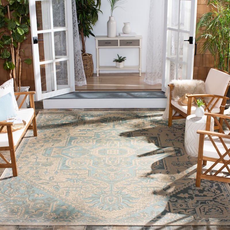 SAFAVIEH Beach House Caoimhe Indoor/ Outdoor Patio Backyard Rug - 9' x 12' - Aqua/Cream