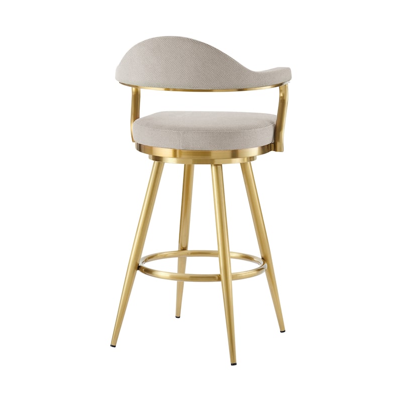 HomeRoots 30" Taupe and Gold Fabric and Stainless Steel Bar Height Swivel Bar Chair