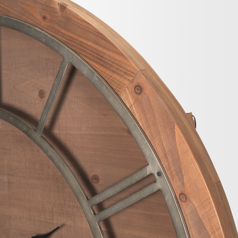 Raul Medium Brown Wood W/ Silver Metal Wall Clock - 35.7L x 2.3W x 35.7H