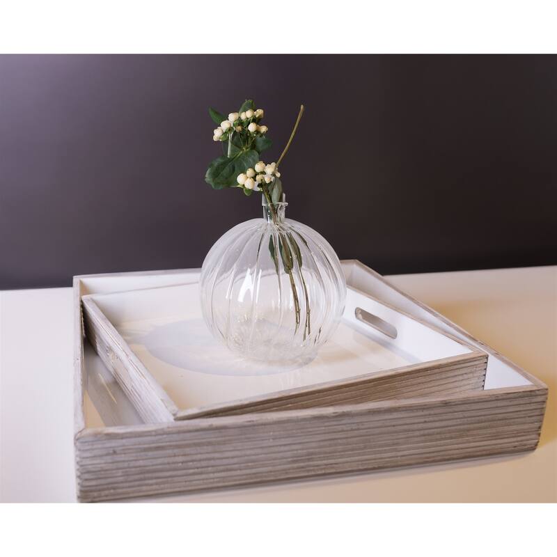 Set of 2 Wooden Square Trays White Wash 20x20 & 16x16 -ST - White