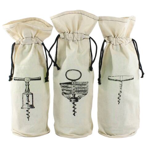 Corkscrew Printed Wine Bag, Assortment of 3, White and Black