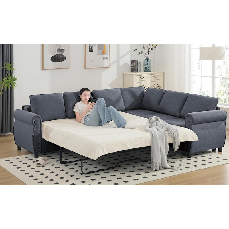 Sleeper Sofa Bed, Pull Out Couch with Mattress, 104'' 6 Seater Upholstery Sectional Couches, Modern Comfy L Shape Sofa Couch - Gray