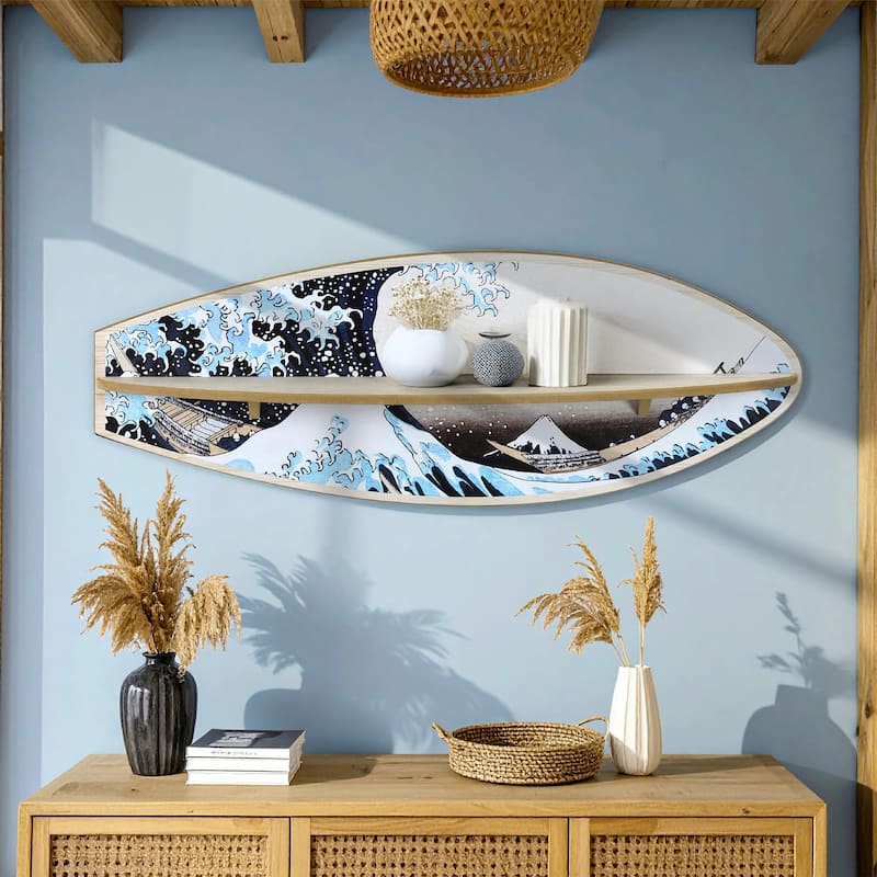 American Art Decor Surfboard Wall Shelf Coastal Beach Themed Decorative Wall Art Storage for Home or Office