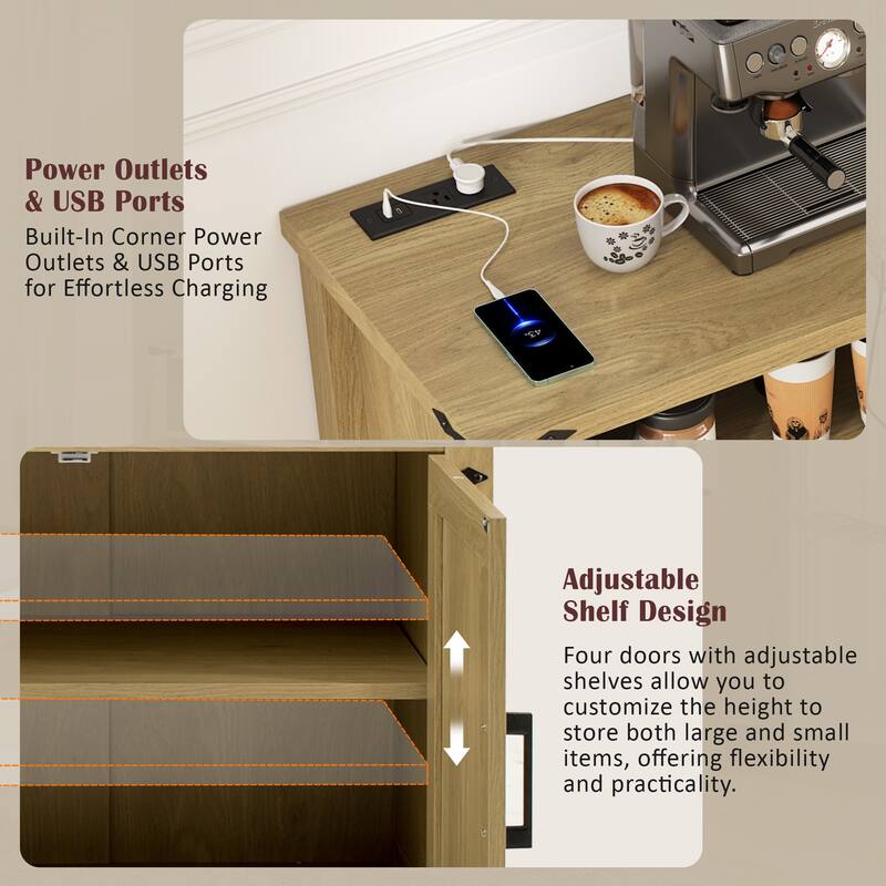 59" Modern 4-Door Sideboard Buffet with Power Outlets & USB Ports, Adjustable Shelves and Half-Open Storage Cabinet