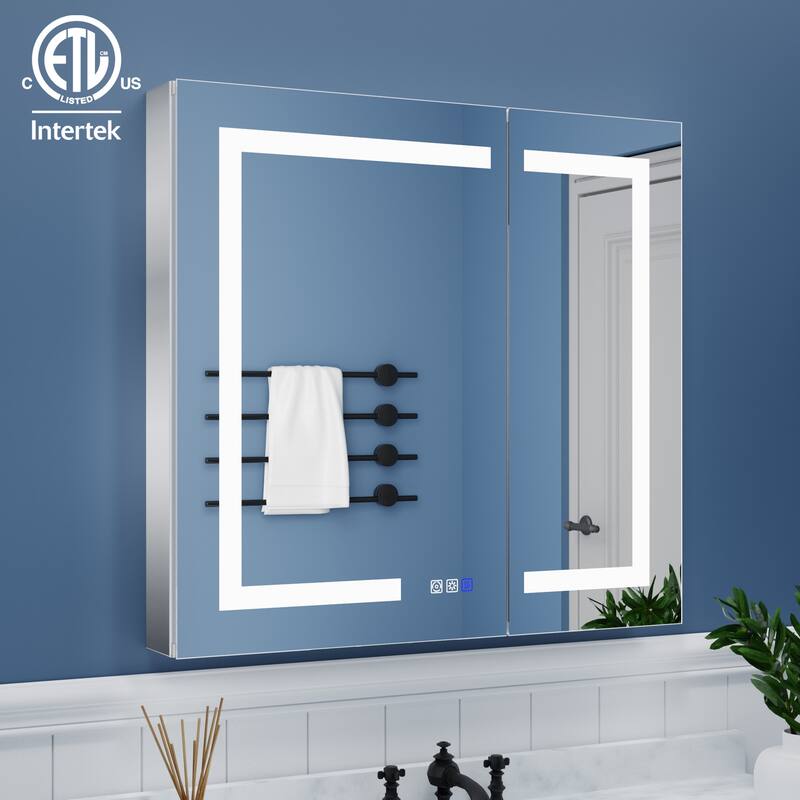 ExBrite 36" x 30" LED Lighted Bathroom Medicine Cabinet with Mirror,Recessed or Surface Mount,Defog