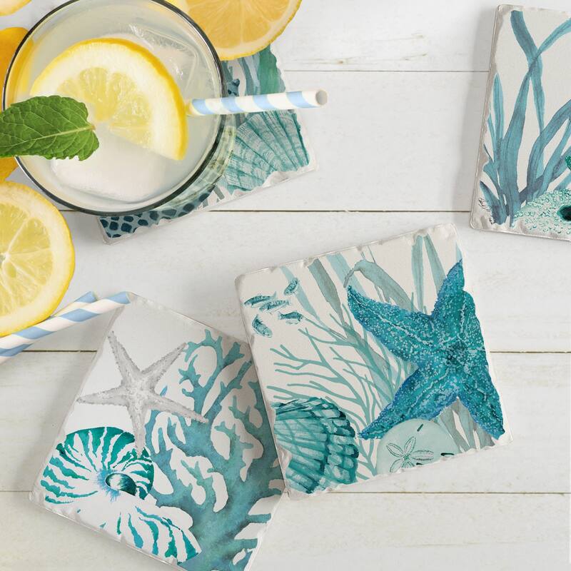 Counterart Absorbent Stone Coaster, Coral Life, Set of 4 - 4.01x4.18