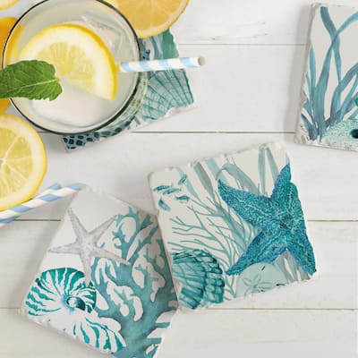 Counterart Absorbent Stone Coaster, Coral Life, Set of 4 - 4.01x4.18