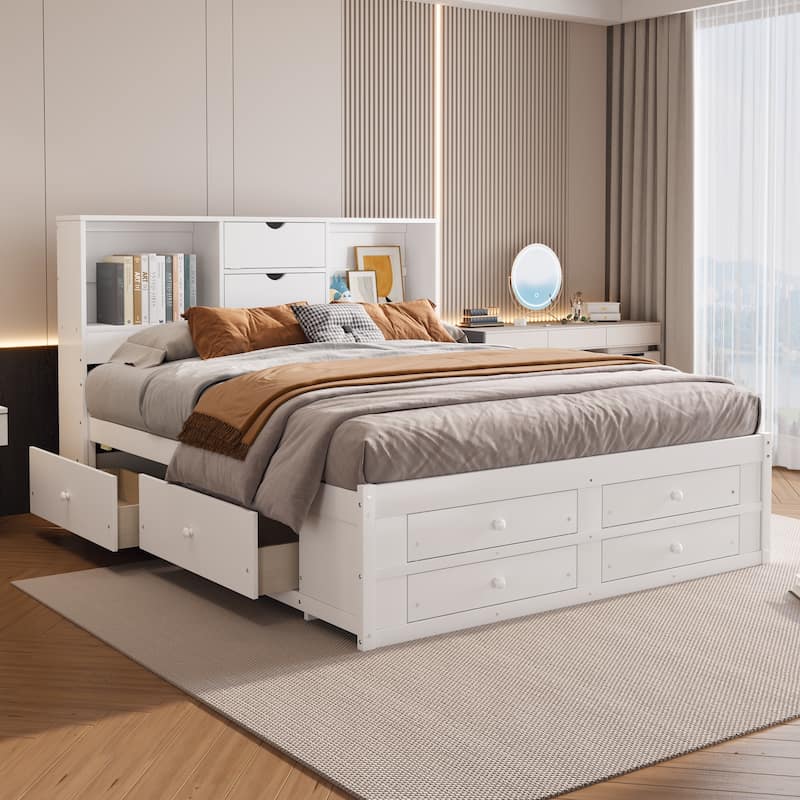 Solid Pinewood Platform Bed Frame with Storage Headboard and 8 Drawers