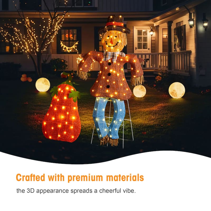 Glitzhome 4ft Set of 2 Lighted Fall Scarecrow & Pumpkin Outdoor Decor