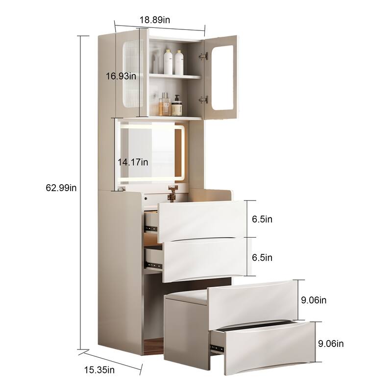 3-in-1 Makeup Vanity Desk with LED Mirror, Clear Glass Top Makeup Dressing Table with Storage Stool