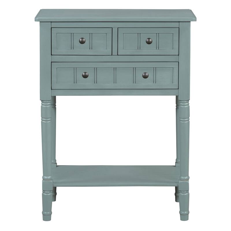With three storage drawers and shelf console