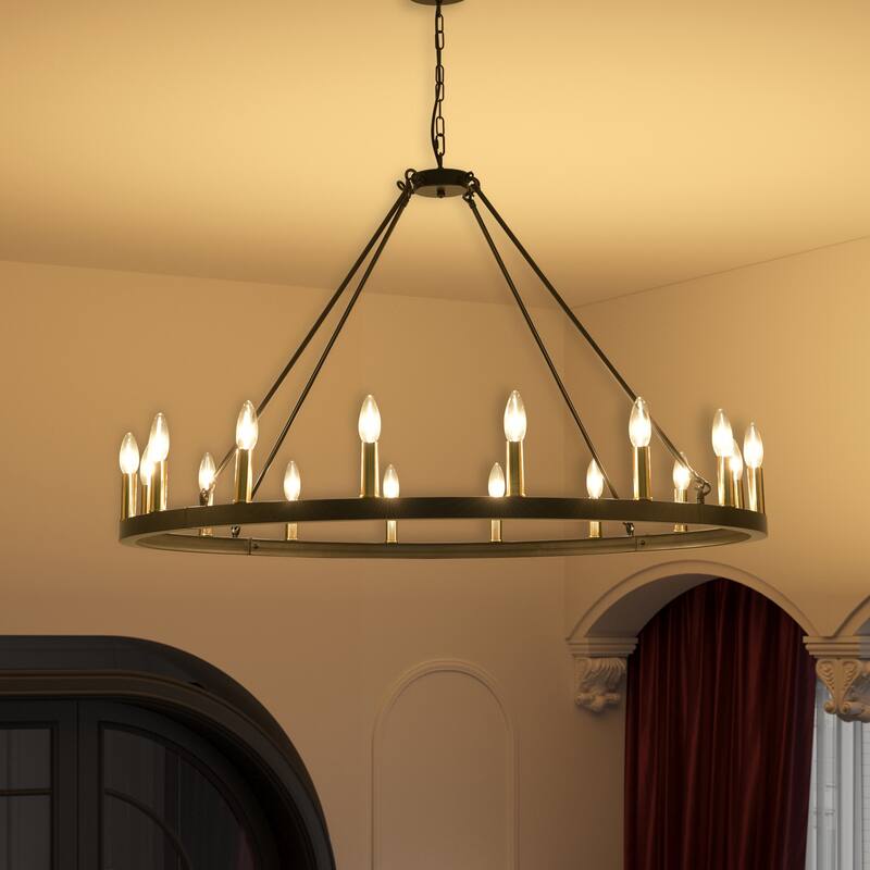 16-Light Black Wagon Wheel Chandelier Farmhouse Chandelier Diam 43-inch Large Round Pendant Light Fixture - black&bronze