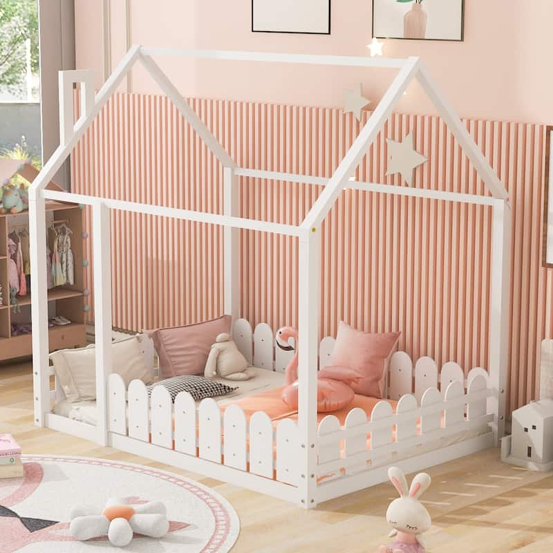 Full Size Wood House Bed Frame with Fence for Kids and Teens, White