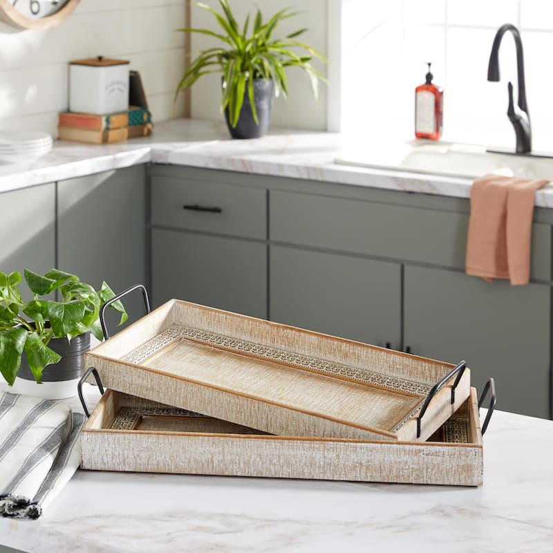Wood Tray with White Wash - Set of 2 Brown - Roche River Decor