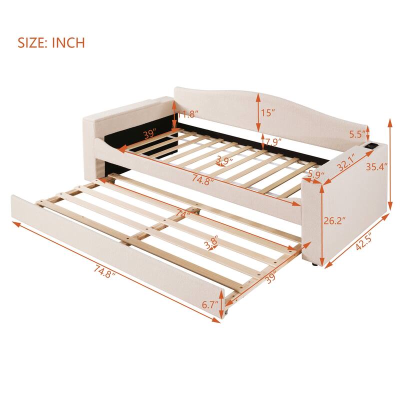 Upholstered Daybed with Storage Armrests, Trundle and Latest Integrated Bluetooth Audio System