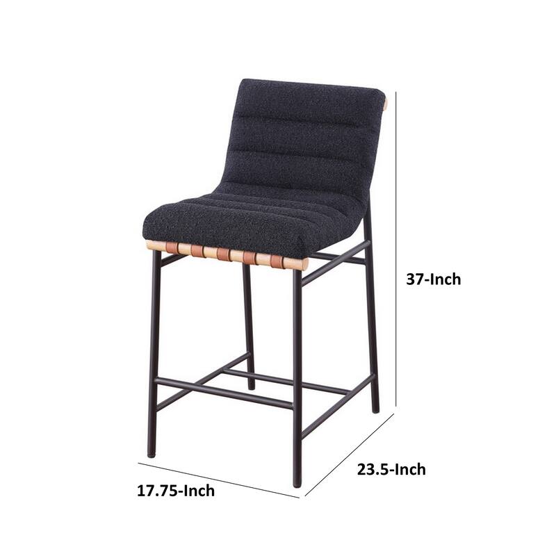 Kive 24 Inch Counter Height Stool Chair, Black Boucle Channel Tufted Seat, Steel