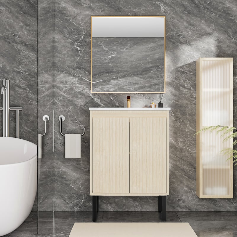 GDFStudio - Niall Modern Mid-Century Freestanding Bathroom Vanity with Soft Close Doors & Large Storage Spaces, WITHOUT Sink - 24" - Oak