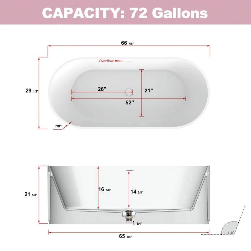 ABRUZZO 67" Freestanding Soaking Solid Surface Bathtub Stone Resin with Overflow and Pop-up Drain