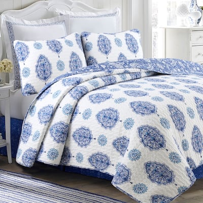 Cozy Line Hittle 3 Piece Cotton Reversible Quilt Bedding Set - Blue/White