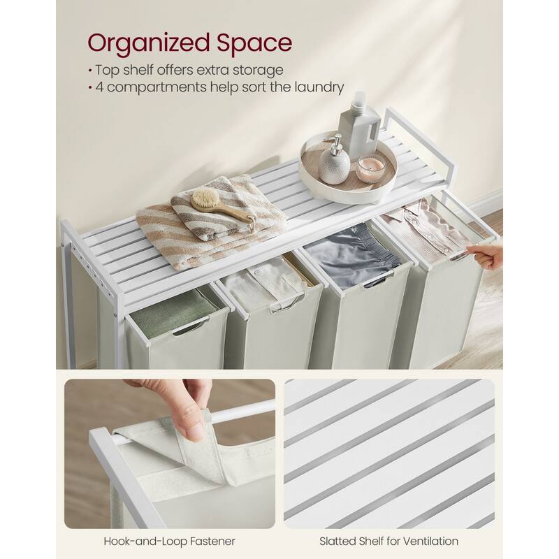 4-Section Laundry Hamper with Removable Liners Shelf for Detergents and Ventilated Slatted Design - 45.7"L x 13"W x 28.4"H