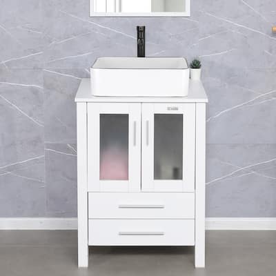 24" Bathroom Vanity White Set Glass/ Ceramic Vessel Sink Cabinet Faucet Drain Free Standing Combo