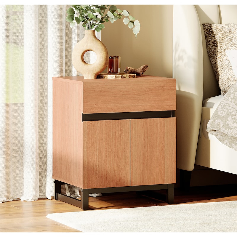 WAMPAT Modern Nightstand with 1 Drawer & 1 Storage Cabinet, Farmhouse Bedside Table with 2 Open Door forBedroom - MOCHA - 1-drawer