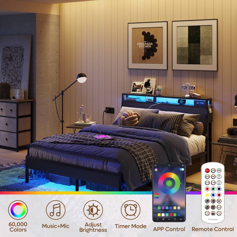 Metal Bed Frame Platform Bed with Storage Headboard LED Lights and Charging Station