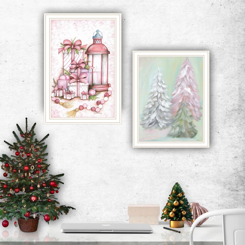 2-Piece Framed Wall Art Set - Pink Candy Land Christmas Trees, White Frame