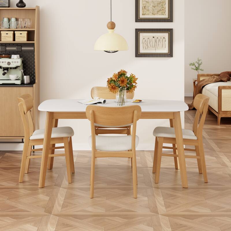 Roomfitters 5-Piece Mid-Century Dining Set, 59" White Oak Table with 4 Upholstered Solid Wood Chairs