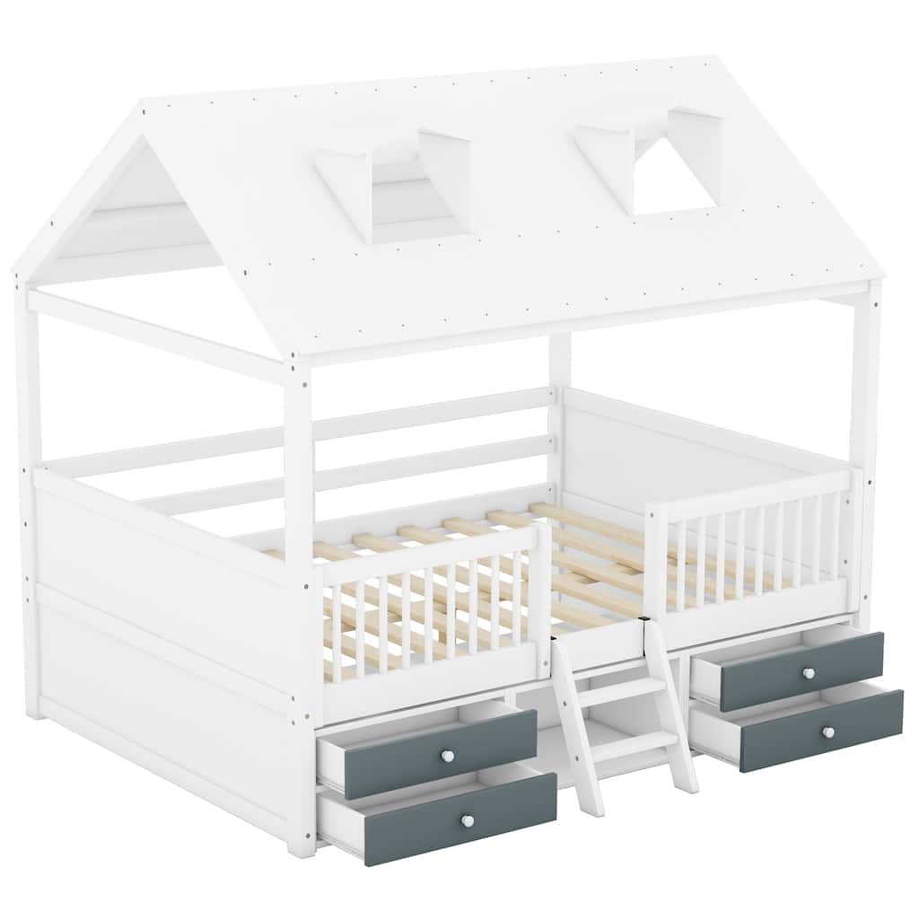 Full Size Kids House Bed with Guardrail Safety