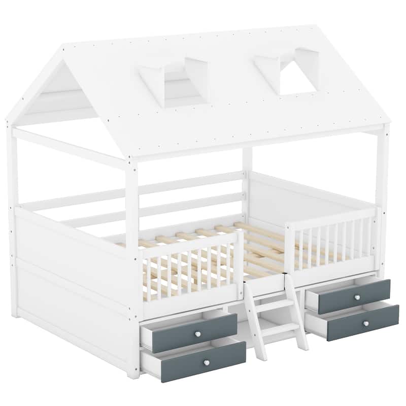 Full Size Wood House Bed with Fence & Roof