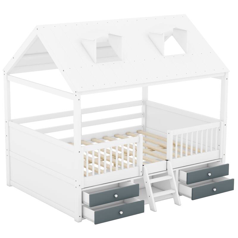 Twin/Full Size Wooden Platform Bed with 4 Drawers and Shelf, Pinewood House Bed Frame with Roof Skylights and Guardrail