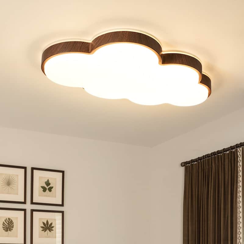 Walnut Wood Grain 5CCT Dimmable LED Cloud Kids Flush Mount - 21.9 Inches - 21.9 Inches