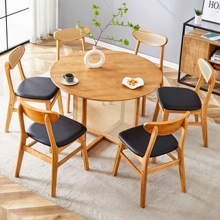 5/7 PCS Ancient Style Solid Wood Dining Table and Chair Set with Rattan ...