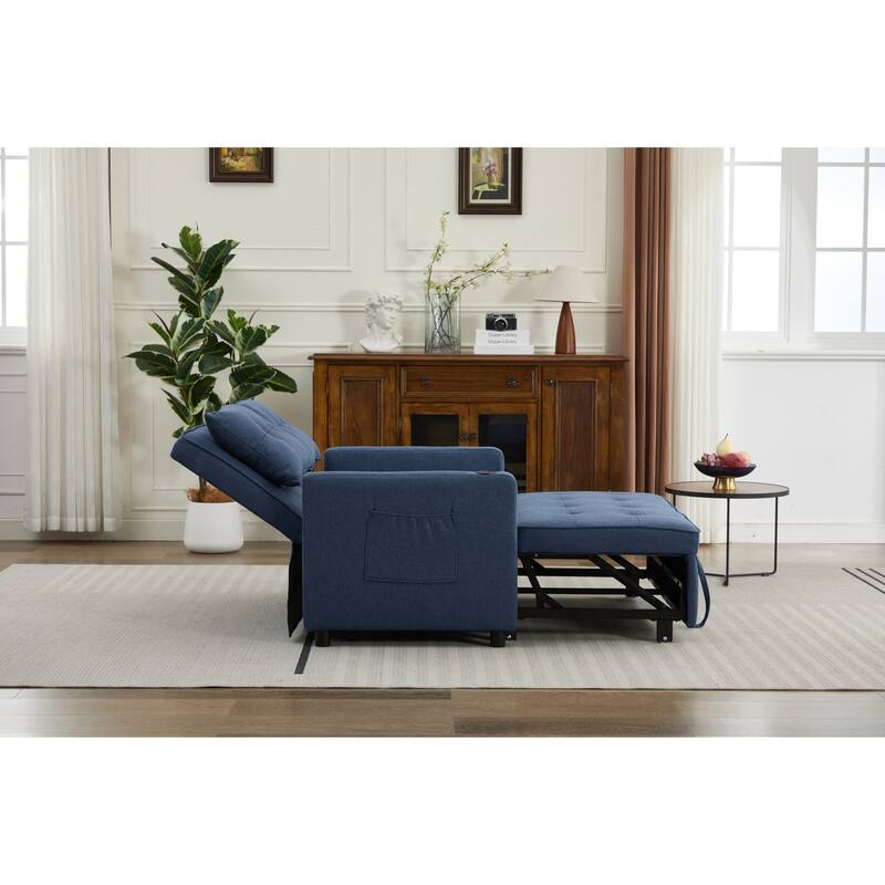 Pull-Out Sofa Bed Daybed, Lounge Chaise Loveseat with Adjustable Backrest, Convertible Sleeper Sofa with USB Charging - Blue
