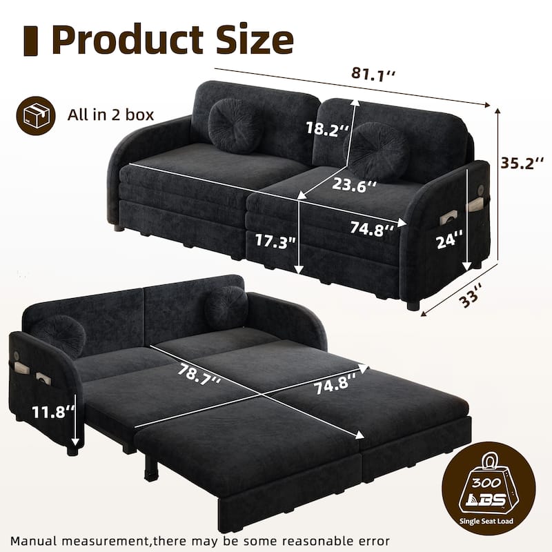 Homy Casa 3-in-1 Convertible Sleeper Sofa Bed, Pull-Out Couch w/ USB, Side Pocket & 4 Pillows, Chenille, 2/3/4-Seat