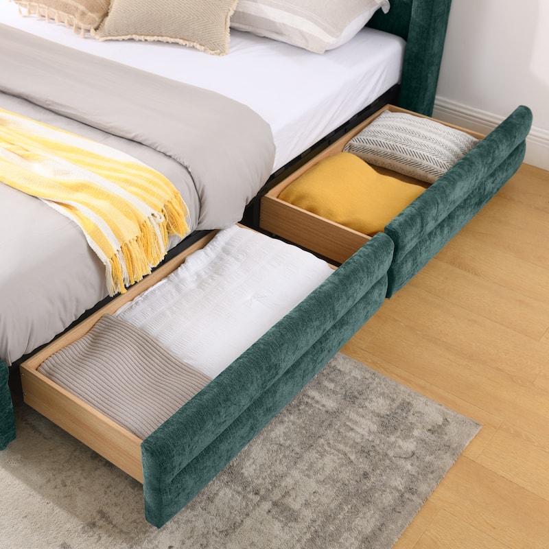 King Upholstered Bed Frame with Storage Drawer, Thick Padded Headboard & Solid Frame in Chenille Fabric