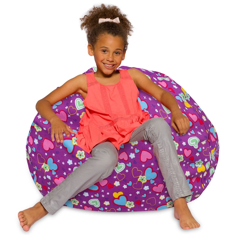 Kids Bean Bag Chair, Big Comfy Chair - Machine Washable Cover - 38 Inch Large - Canvas Multi-Colored Hearts on Purple