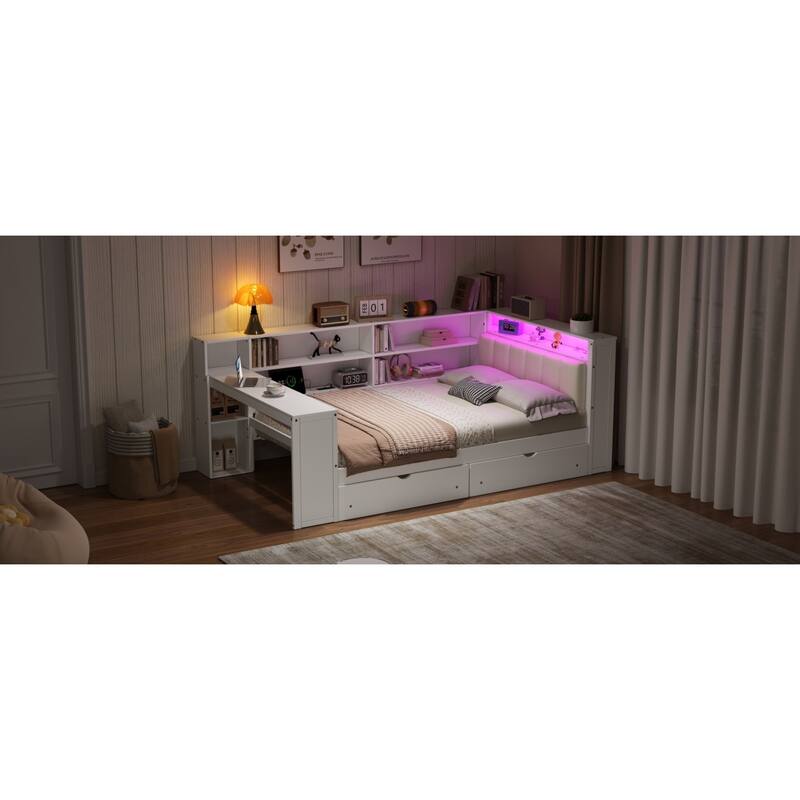 Roomfitters Full Platform Bed with LED Headboard, Charging Station and Storage