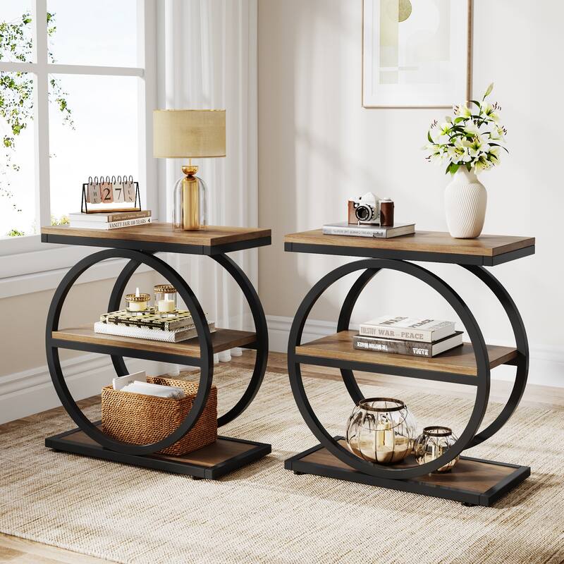 3 Tiers End Table, Wood Side Table for Living Room, Slim Nightstand - 2 Pcs - Oak