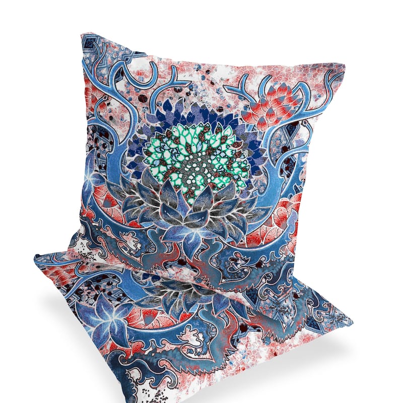 HomeRoots Set of Two 16" X 16" Blue and Pink Blown Seam Floral Indoor Outdoor Throw Pillow - 16.00' X '16.00' X '5.00