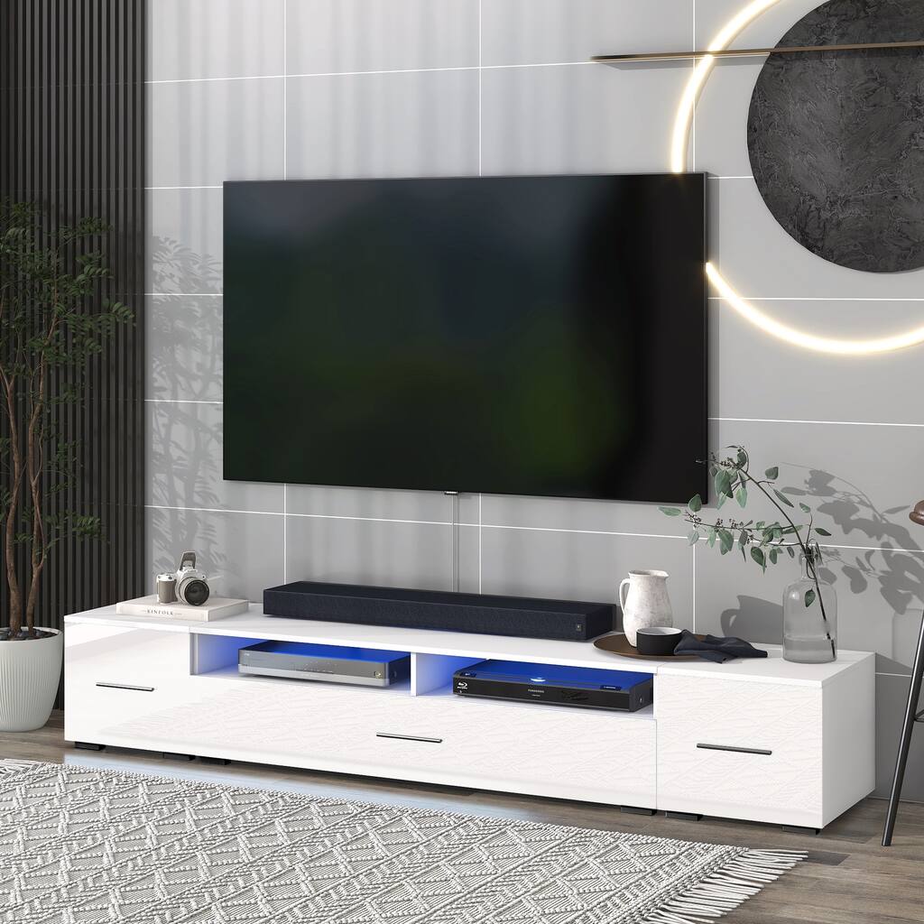 White 82.6" TV Stand with LED Lights and Cabinets for TVs Up to 90"
