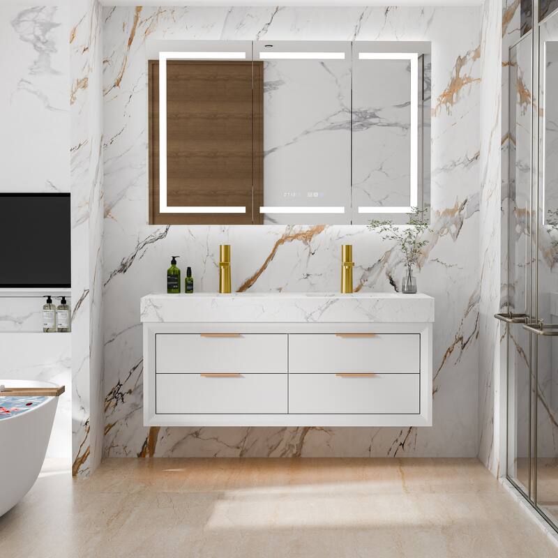 36/48/60 Modern Floating Bathroom Vanity with Sinle/Double Sink & Soft-Close Drawers & LED Lighting & Waterproof, White - 48''double sink